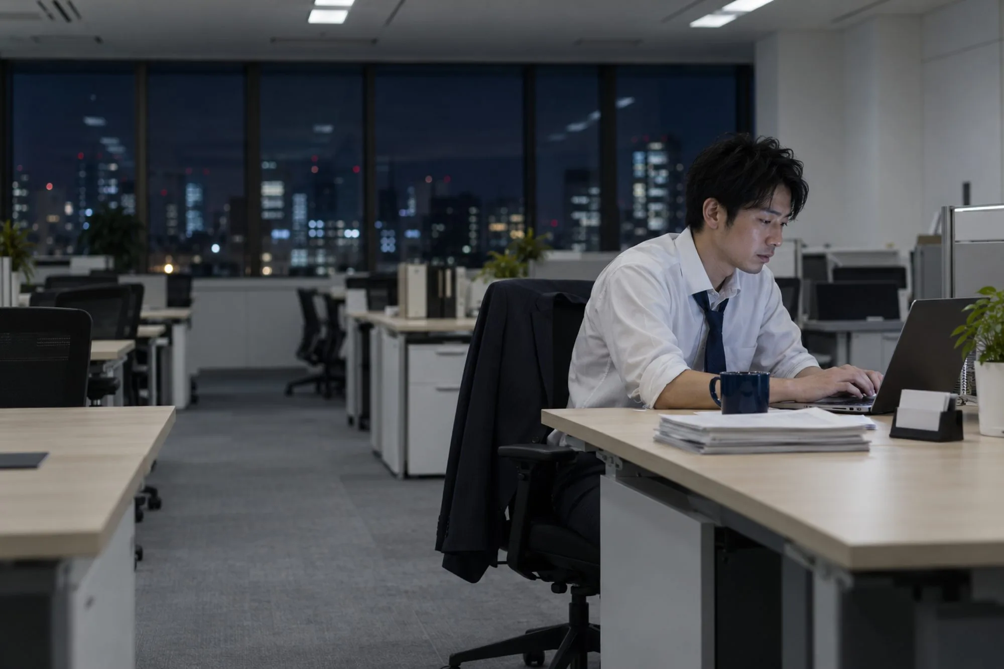 夜の事務所で、ひとり残って商談の記録を入力する営業担当（イメージ・見本）